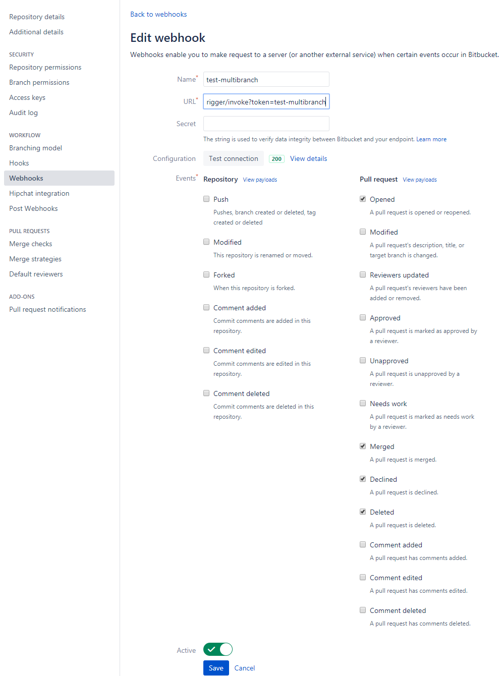 Bitbucket webhooks setting